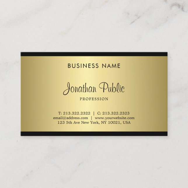Handwritten Script Glamour Black And Gold Chic Business Card (Front)