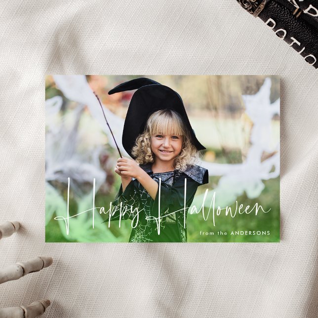 Handwritten Script Green Happy Halloween Photo Holiday Card (Creator Uploaded)