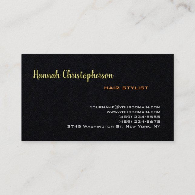 Handwritten Script Hair Stylist Modern Black Plain Business Card (Front)