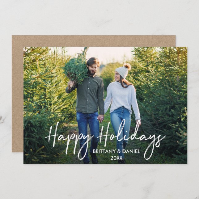 Handwritten Script Happy Holidays Photo Kraft Holiday Card (Front/Back)