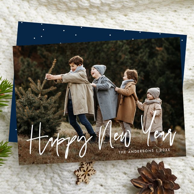 Handwritten Script Happy New Year Photo Holiday Card (Creator Uploaded)