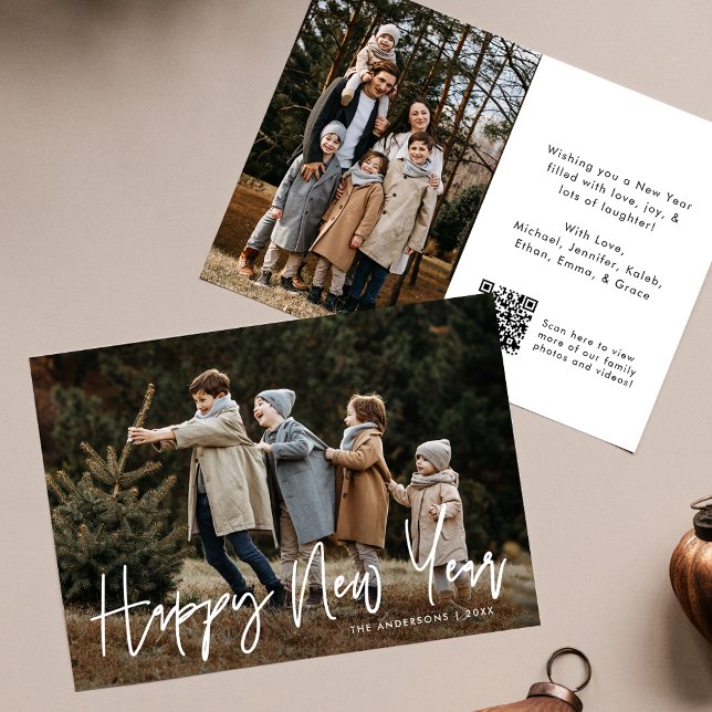 Handwritten Script Happy New Year QR Code 2 Photo Holiday Card (Creator Uploaded)