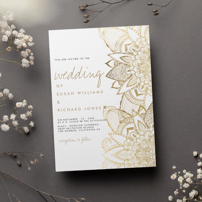 Handwritten script lettering gold mandala wedding invitation (Handwritten script lettering gold mandala wedding)