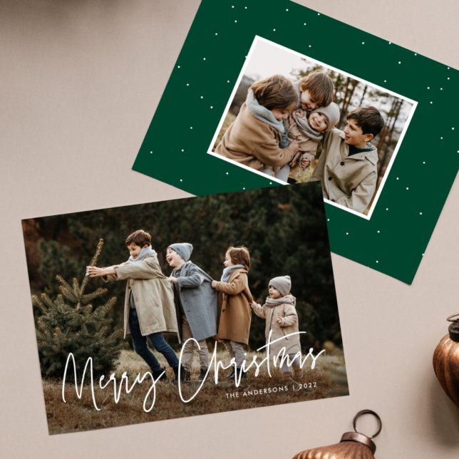Handwritten Script Merry Christmas 2 Photo Holiday Card (Creator Uploaded)