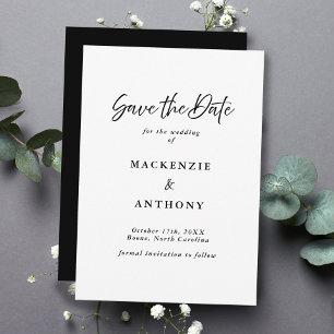 Handwritten Script Modern Black & White Save The Date