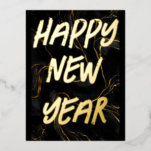 Handwritten Script Modern Gold Happy New Year Foil Holiday Postcard