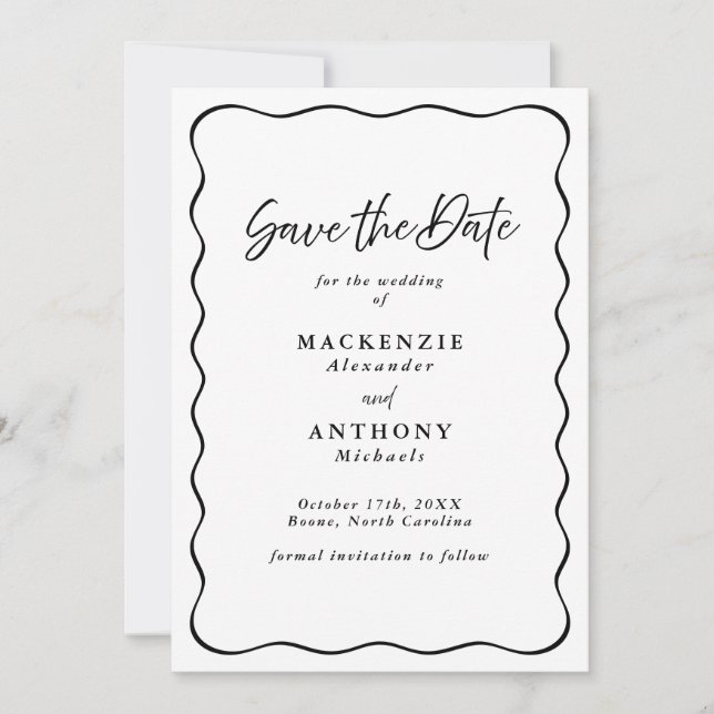 Handwritten Script Modern Wavy Frame Black & White Save The Date (Front)