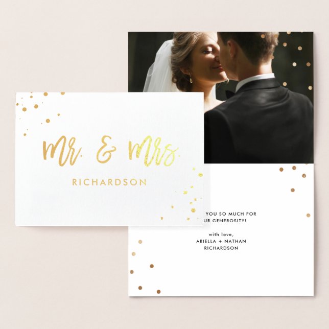 Handwritten Script | Mr and Mrs with Wedding Photo Foil Card (Display)