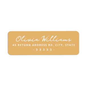 Handwritten script mustard return address label