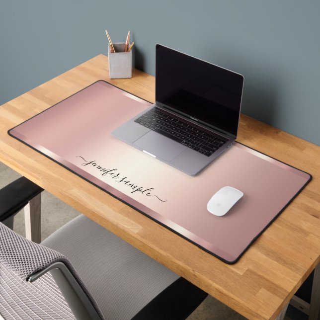 Handwritten Script Name Elegant Rose Gold Modern Desk Mat (Office 2)