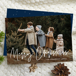 Handwritten Script Navy Merry Christmas Photo Holiday Card