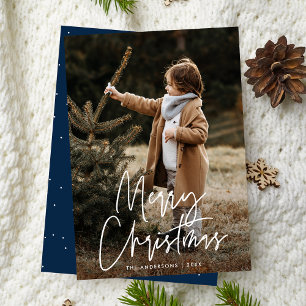 Handwritten Script Navy Merry Christmas Photo Holiday Card