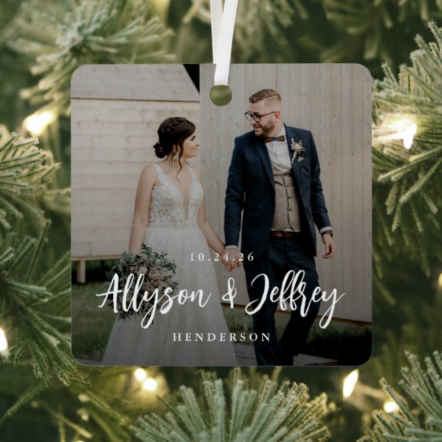 Handwritten Script Newlywed Holiday Metal Ornament (Insitu)