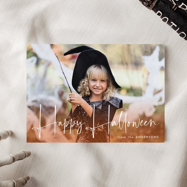 Handwritten Script Orange Happy Halloween Photo Holiday Card (Creator Uploaded)