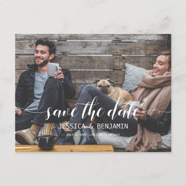 Handwritten Script Photo Save The Date Postcard (Front)