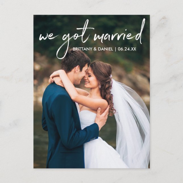Handwritten Script Photo We Got Married Postcard (Front)