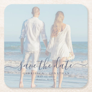 Handwritten Script Photo Wedding Save The Date Square Paper Coaster