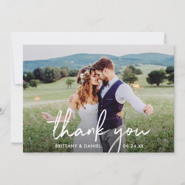 Handwritten Script Photo Wedding Thank You Card (Front)