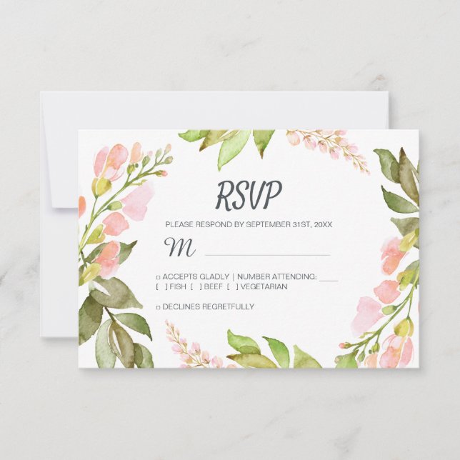 Handwritten Script Pink Floral Rustic Boho Wedding RSVP Card (Front)