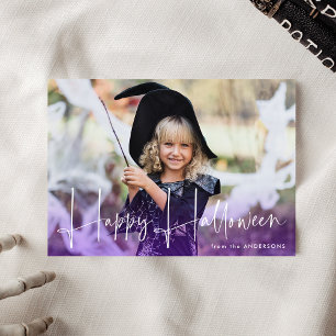 Handwritten Script Purple Happy Halloween Photo Holiday Card