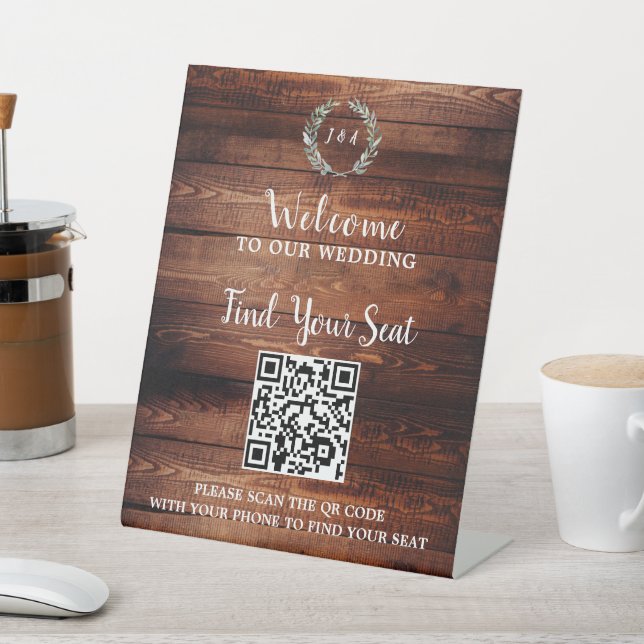 Handwritten script QR code rustic wedding seating Pedestal Sign (In SItu)