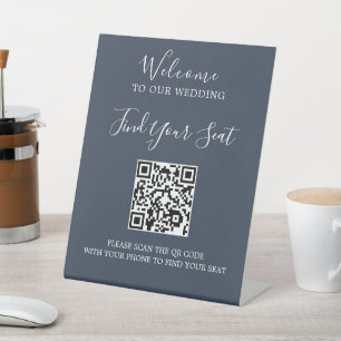 Handwritten script QR code wedding seating Pedestal Sign