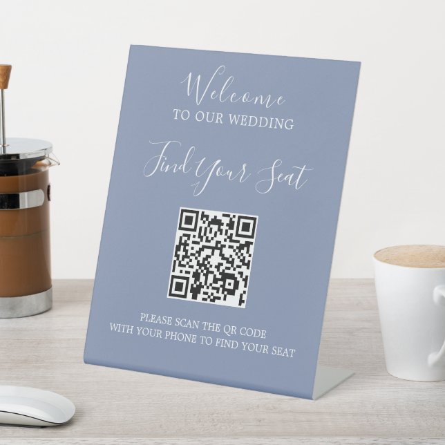 Handwritten script QR code wedding seating Pedestal Sign (In SItu)