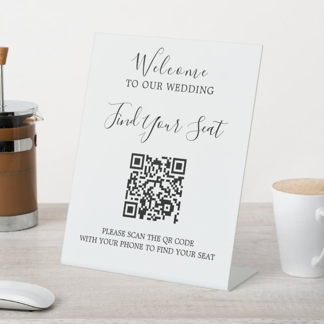 Handwritten script QR code wedding seating Pedestal Sign (In SItu)