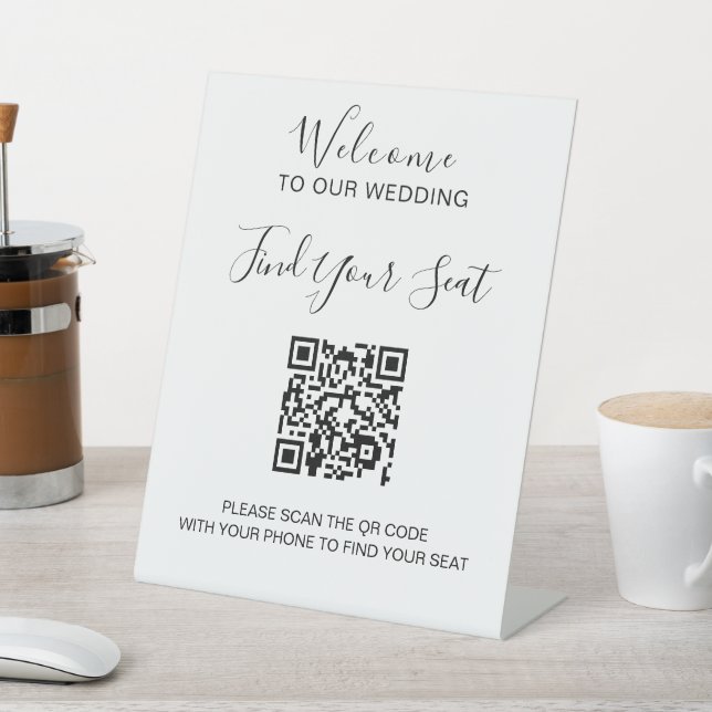 Handwritten script QR code wedding seating Pedestal Sign (In SItu)