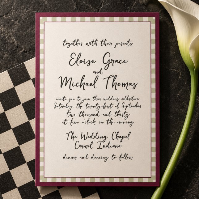 Handwritten Script Raspberry & Sage Striped Invitation (Handwritten Script Raspberry & Sage Striped Invitation)