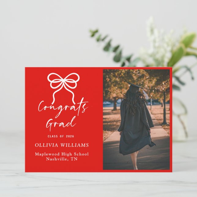 Handwritten Script Red and white Graduation Announcement (Standing Front)