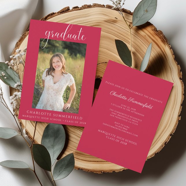 Handwritten Script Red Photo Graduation Party Invitation (Creator Uploaded)