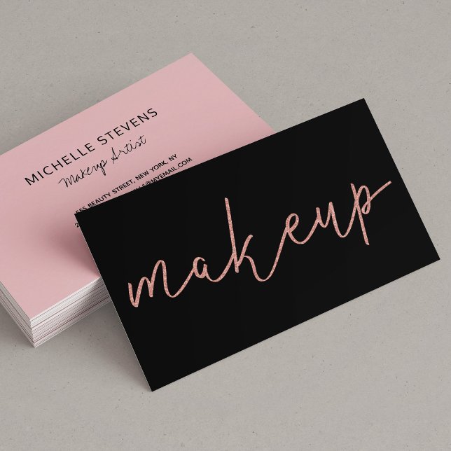 Handwritten Script Rose Gold Black Makeup Artist Business Card (Creator Uploaded)
