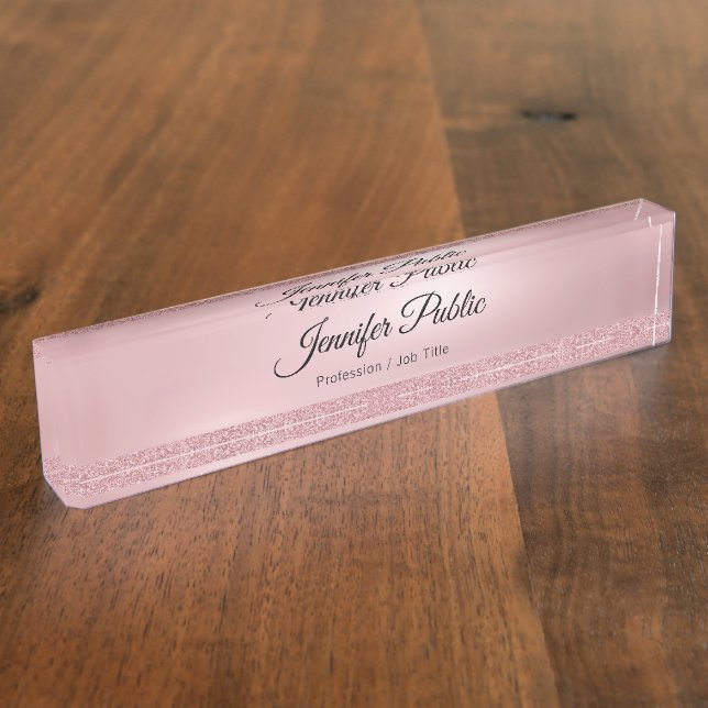Handwritten Script Rose Gold Glitter Classy Modern Nameplate (Side)