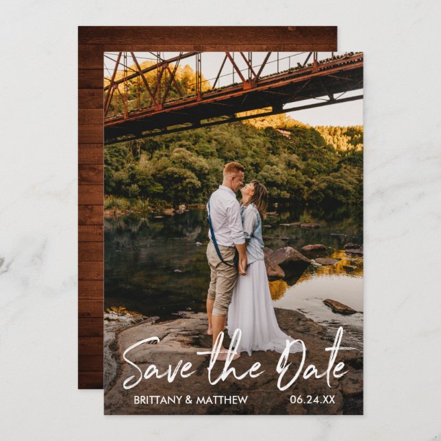 Handwritten Script Rustic Wood Couple Photo Save The Date (Front/Back)