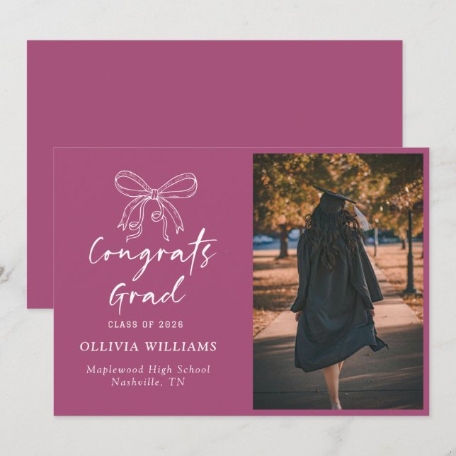 Handwritten Script simple bow Graduation Announcement (Front/Back)