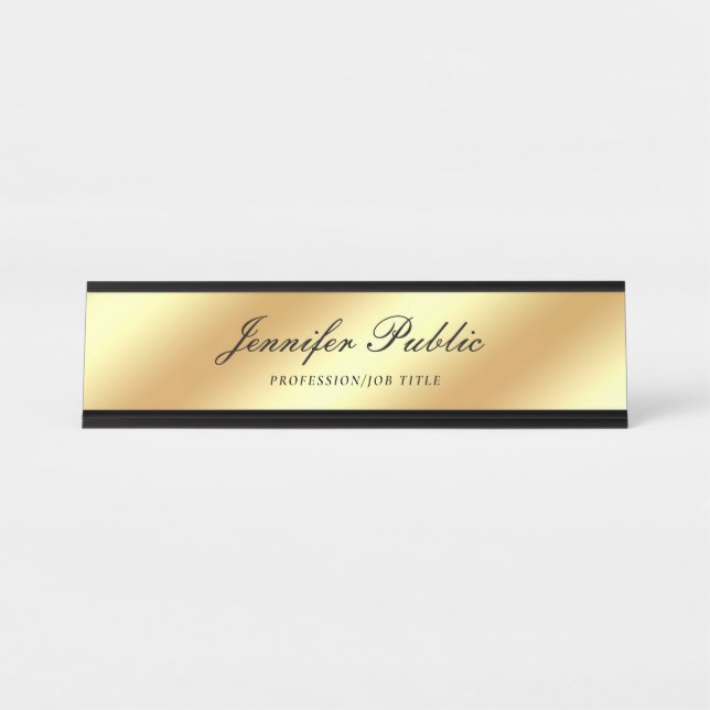 Handwritten Script Text Modern Elegant Gold Trendy Desk Name Plate (Front)