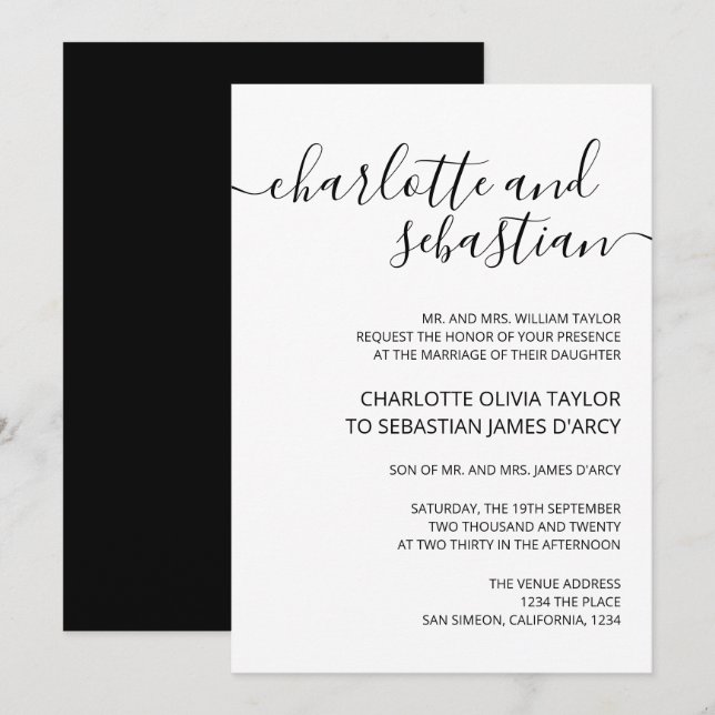 Handwritten Script Typography Black White Elegant Invitation (Front/Back)
