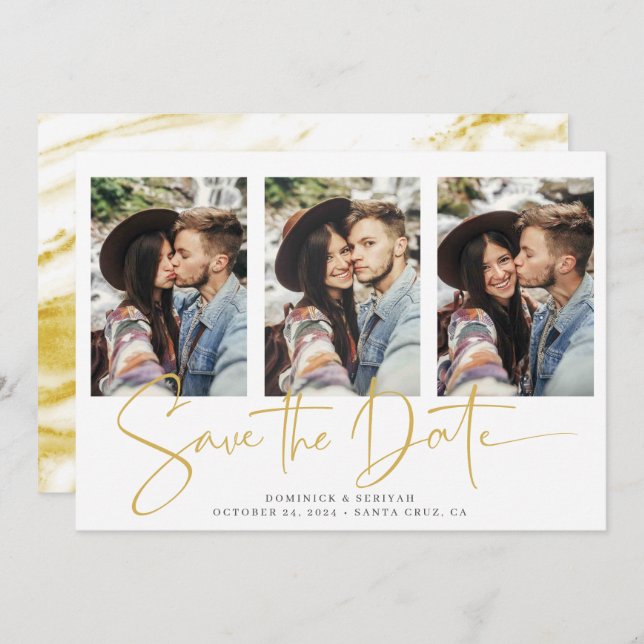 Handwritten Script Typopgraphy Gold Marble Save The Date (Front/Back)