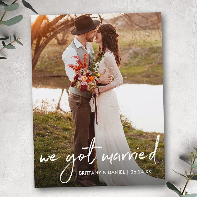 Handwritten Script We Got Married Photo Postcard (Customize to add text to back of card.)
