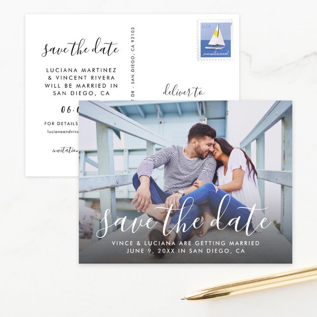 Handwritten Script Wedding Photo Save the Date Announcement Postcard (Creator Uploaded)