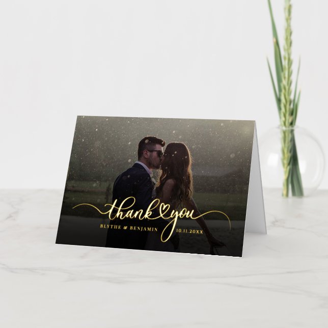 Handwritten Script Wedding Photo Thank You Gold Foil Greeting Card (Front)