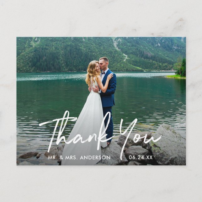 Handwritten Script Wedding Photo Thank You Postcard (Front)