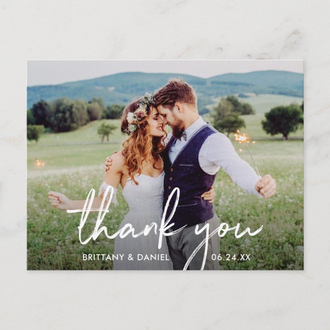 Handwritten Script Wedding Thank You Photo Postcard (Front)
