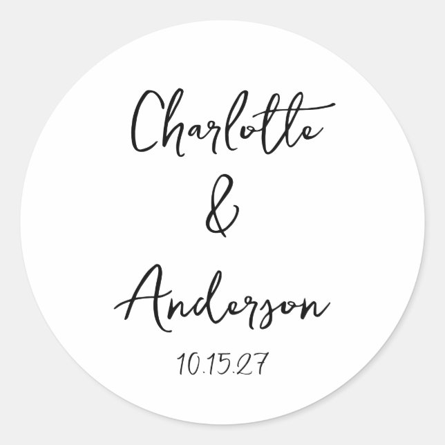 Handwritten Script Whimsical White Custom Wedding Classic Round Sticker (Front)