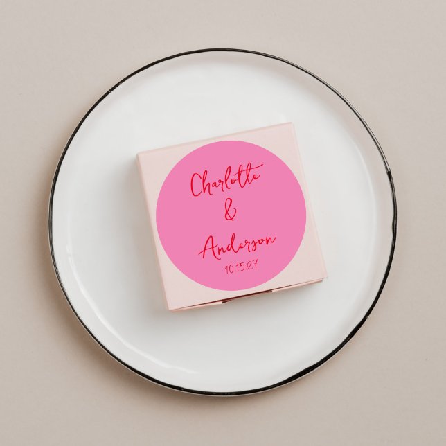 Handwritten Script Whimsy Pink Red Custom Wedding Classic Round Sticker (Creator Uploaded)