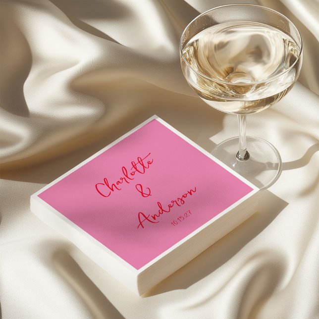 Handwritten Script Whimsy Pink Red Custom Wedding Napkin (Creator Uploaded)
