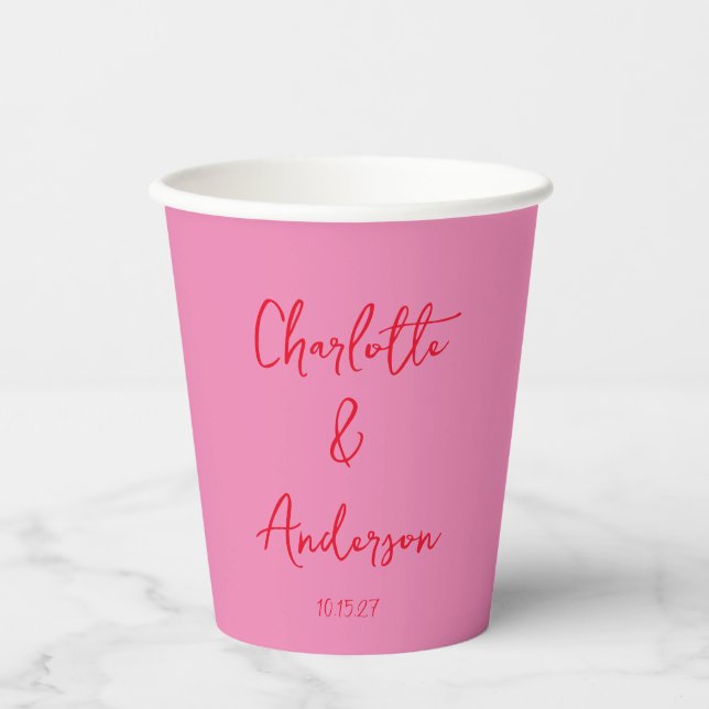 Handwritten Script Whimsy Pink Red Custom Wedding Paper Cups (Front)
