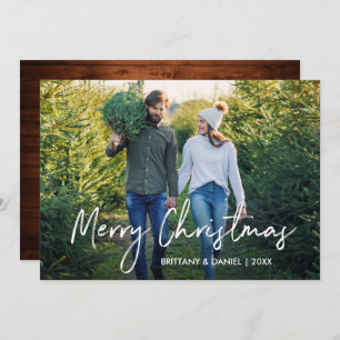 Handwritten Script Wood Merry Christmas Photo Holiday Card