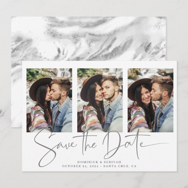Handwritten Silver Foil Marble Save the Date (Front/Back)